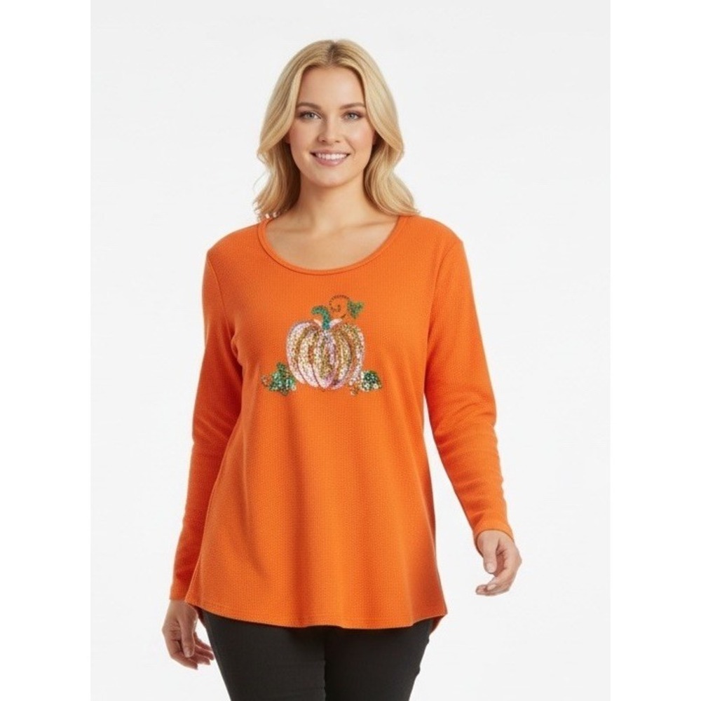 Quacker Factory Halloween Top Size L Long Sleeves Pumpkin Sequin Shirt